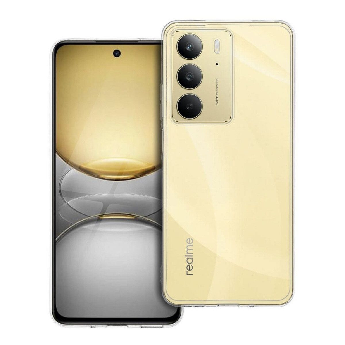 Ein goldenes Smartphone mit drei Kameras wird neben dem Bildschirm angezeigt. Der Bildschirm zeigt einen goldenen Hintergrund. Das Telefon befindet sich in einer Hülle.