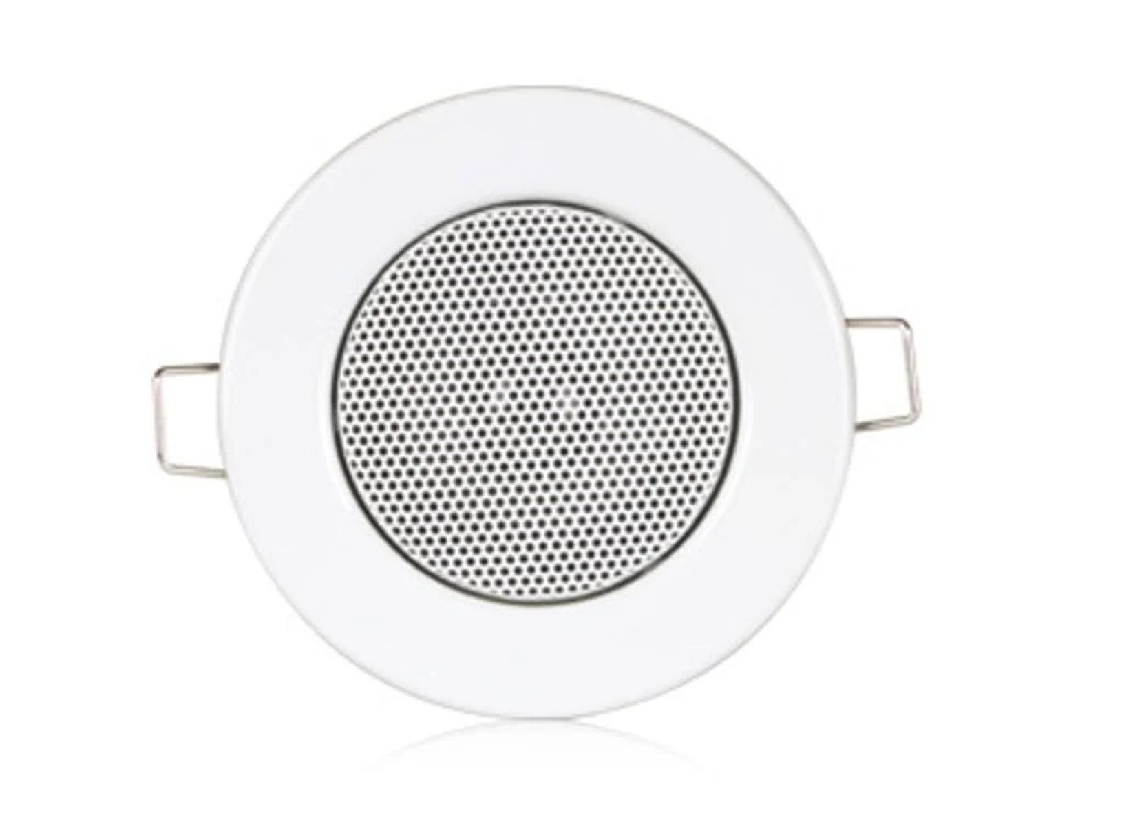 Un altavoz blanco con un centro perforado negro. Dos soportes metálicos plateados en los lados. El fondo es blanco.