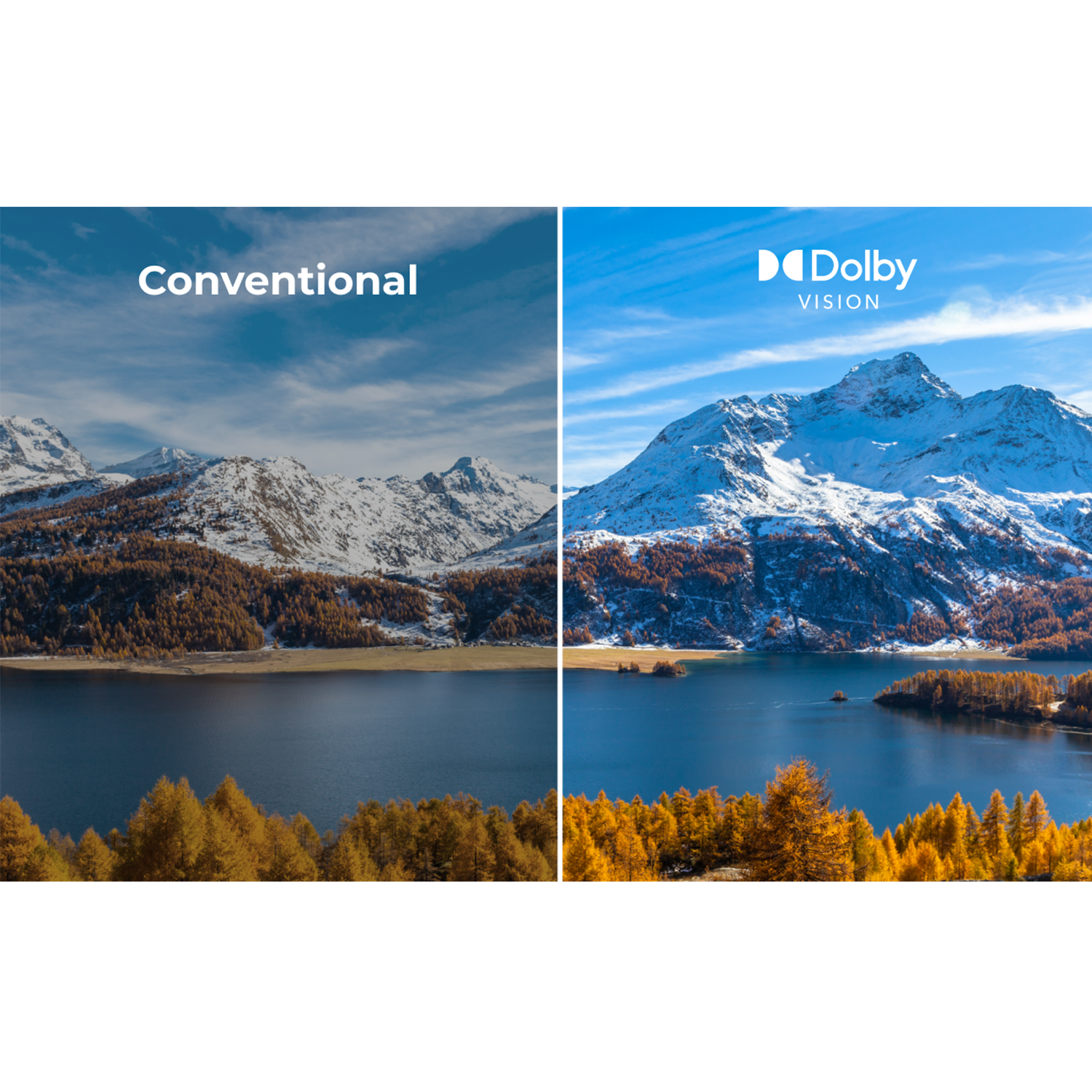 Podzielony obraz przedstawia scenę z jeziorem górskim. Lewa strona oznaczona jest jako 'Konwencjonalny', prawa 'Dolby Vision'. Widoczne są góry i drzewa.