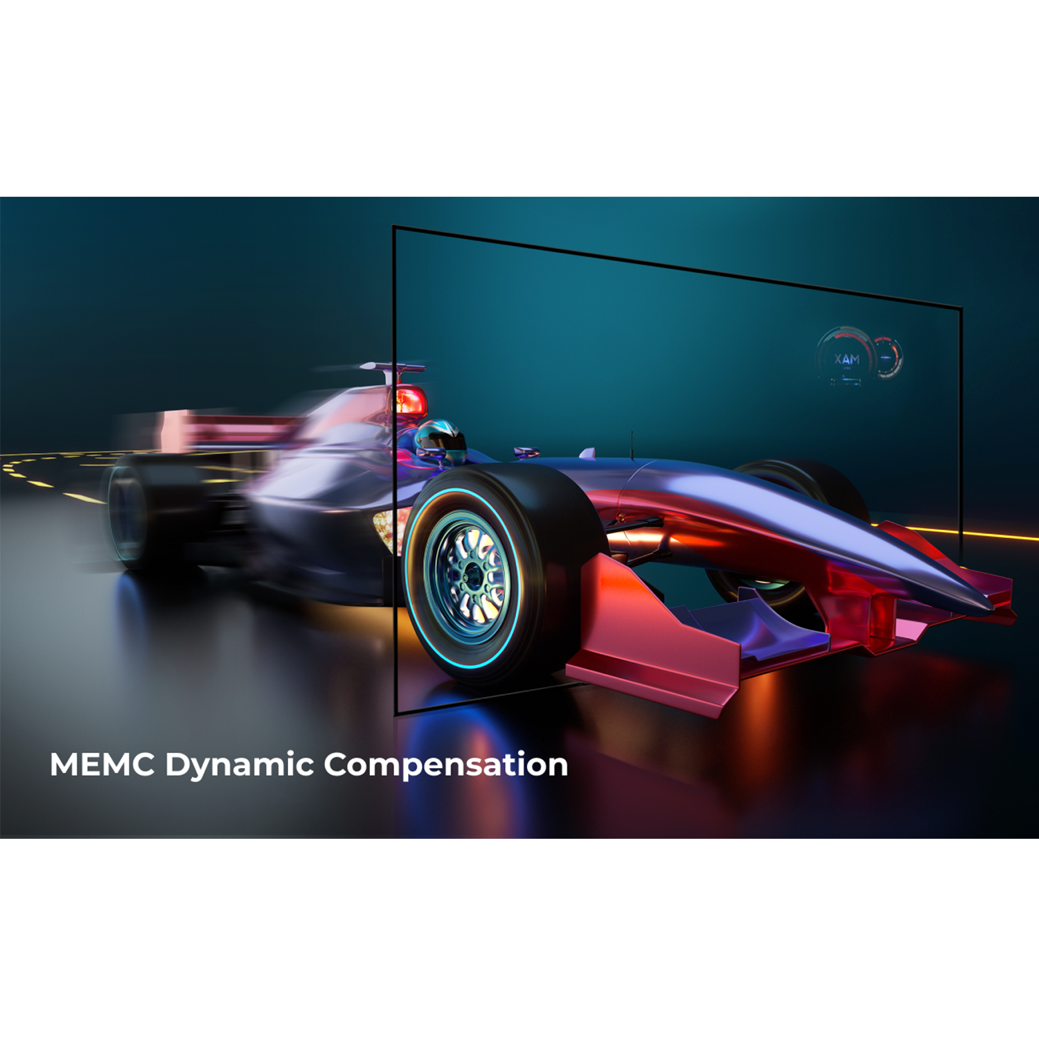 Samochód wyścigowy pędzi po torze, rozmycie ruchu. Czerwone i niebieskie odcienie dominują, z ekranem w tle.