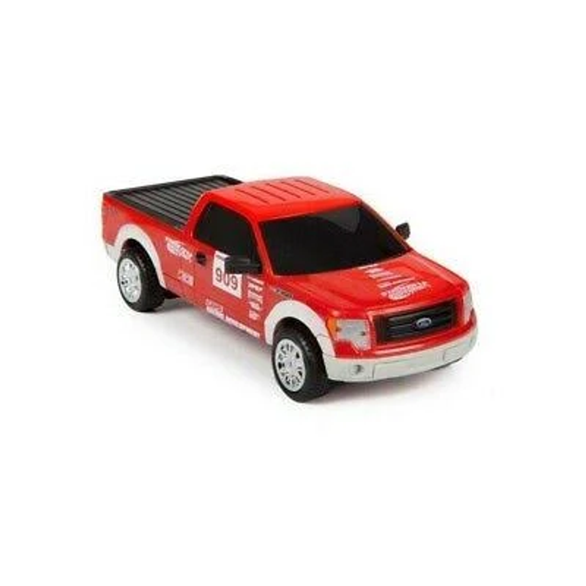 Una camioneta de juguete roja con detalles blancos. Tiene ventanas negras y una caja negra. El número 909 está en el lateral.
