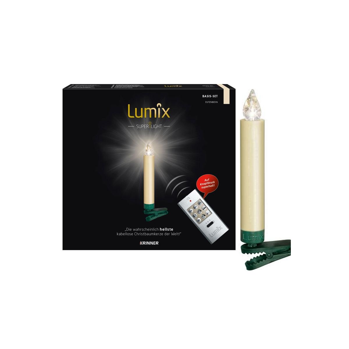 Ein Lumix-Weihnachtskerzenset. Die Box zeigt eine Kerze, eine Fernbedienung und einen Slogan, der besagt, dass es sich um die hellste kabellose Kerze handelt.