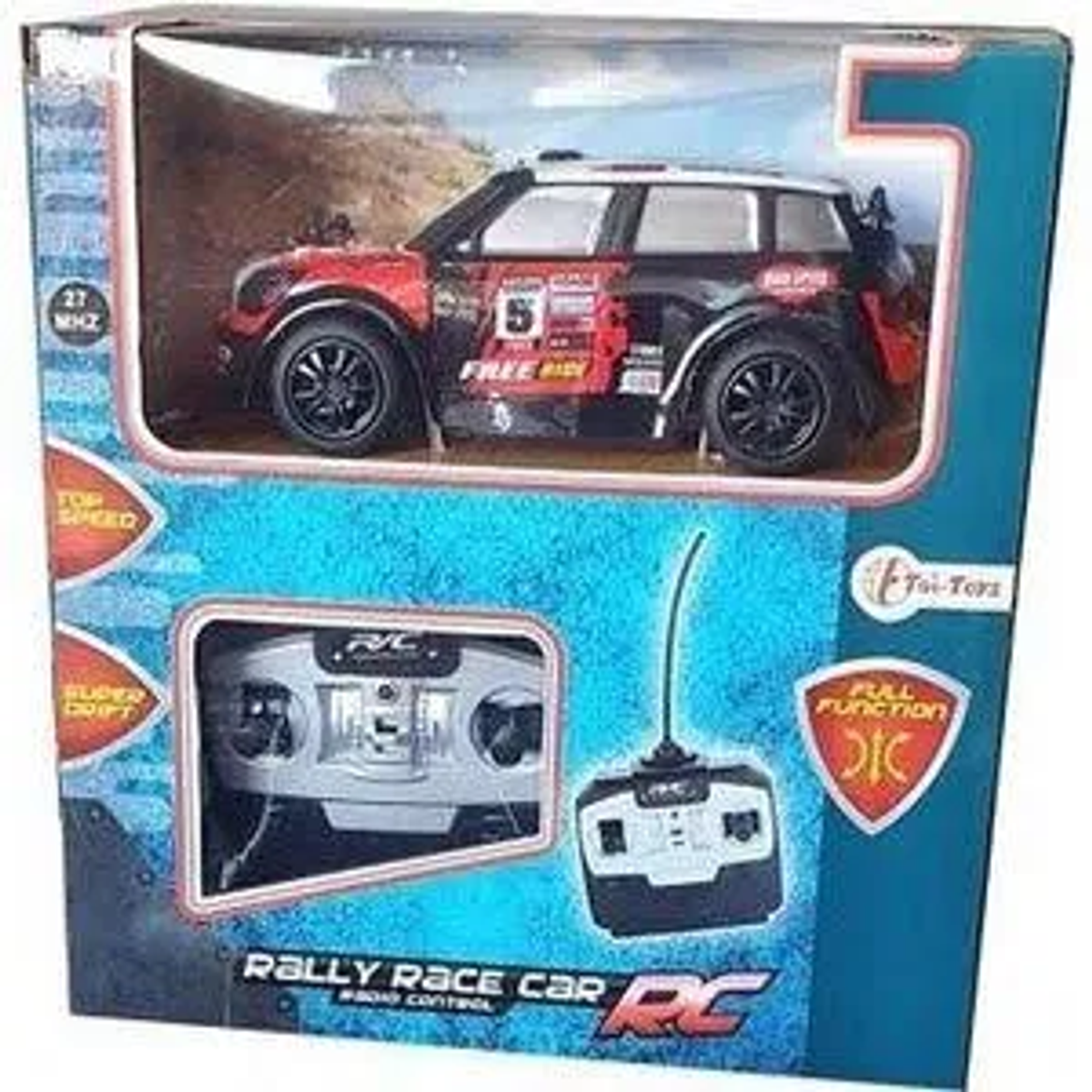 Un coche de carreras de juguete en una caja. El coche es negro y rojo. La caja también muestra el mando a distancia.