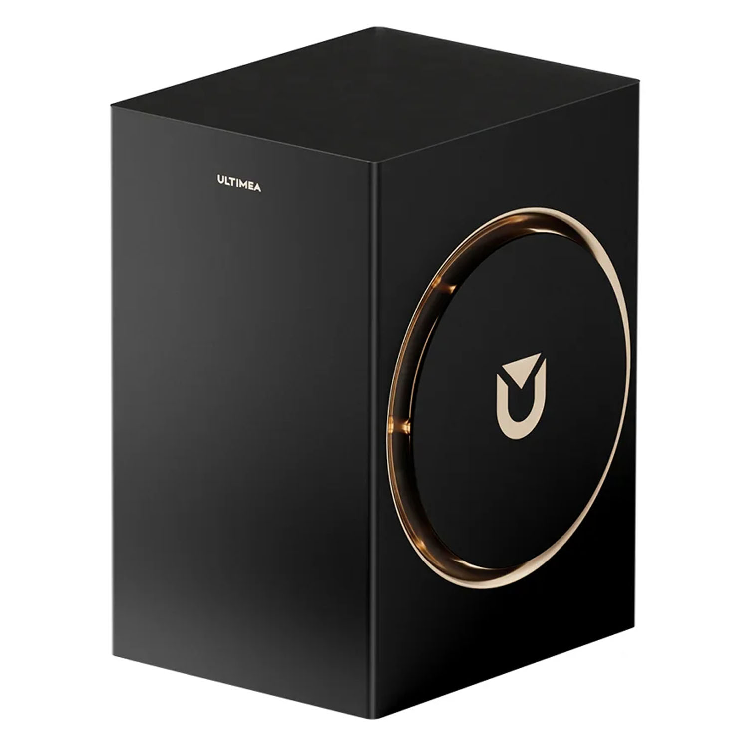 Czarny prostokątny głośnik ze złotym okrągłym wzorem i logo. Nazwa marki znajduje się w lewym górnym rogu.