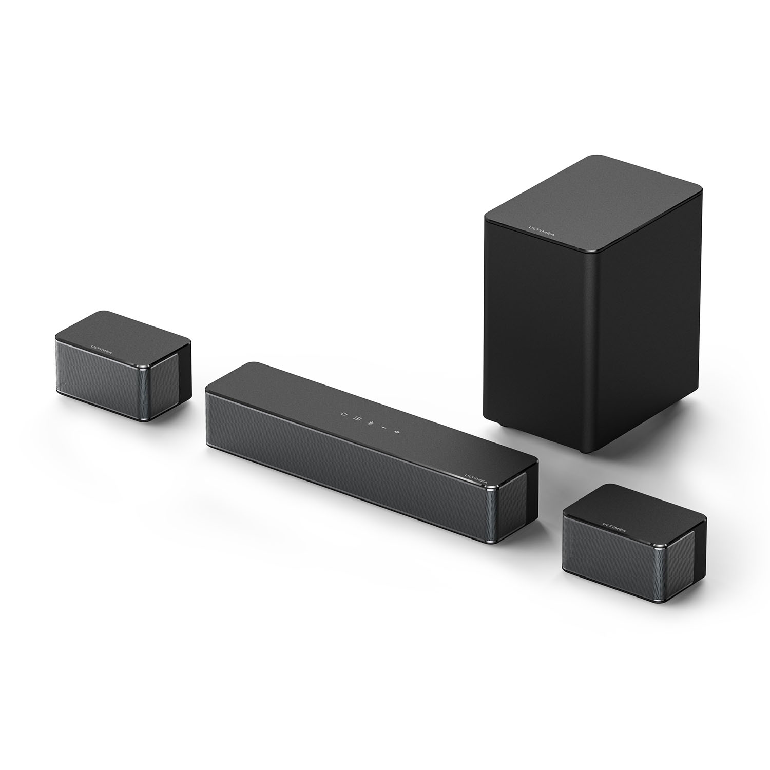 Nowoczesny system audio składający się z soundbaru, subwoofera i dwóch głośników satelitarnych, wszystkie w kolorze czarnym, ustawione na białej powierzchni.