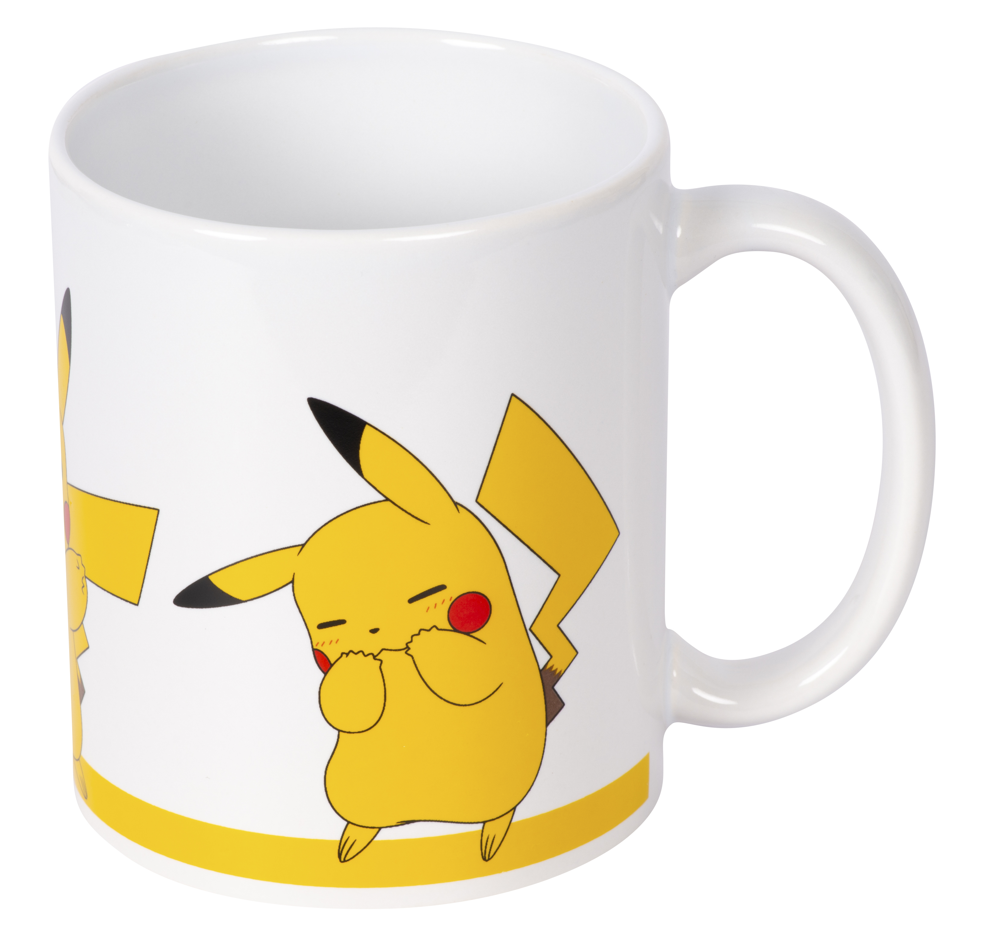Taza blanca con diseño de Pikachu. Detalles amarillos y negros. Asa a la derecha. Raya amarilla en la base.