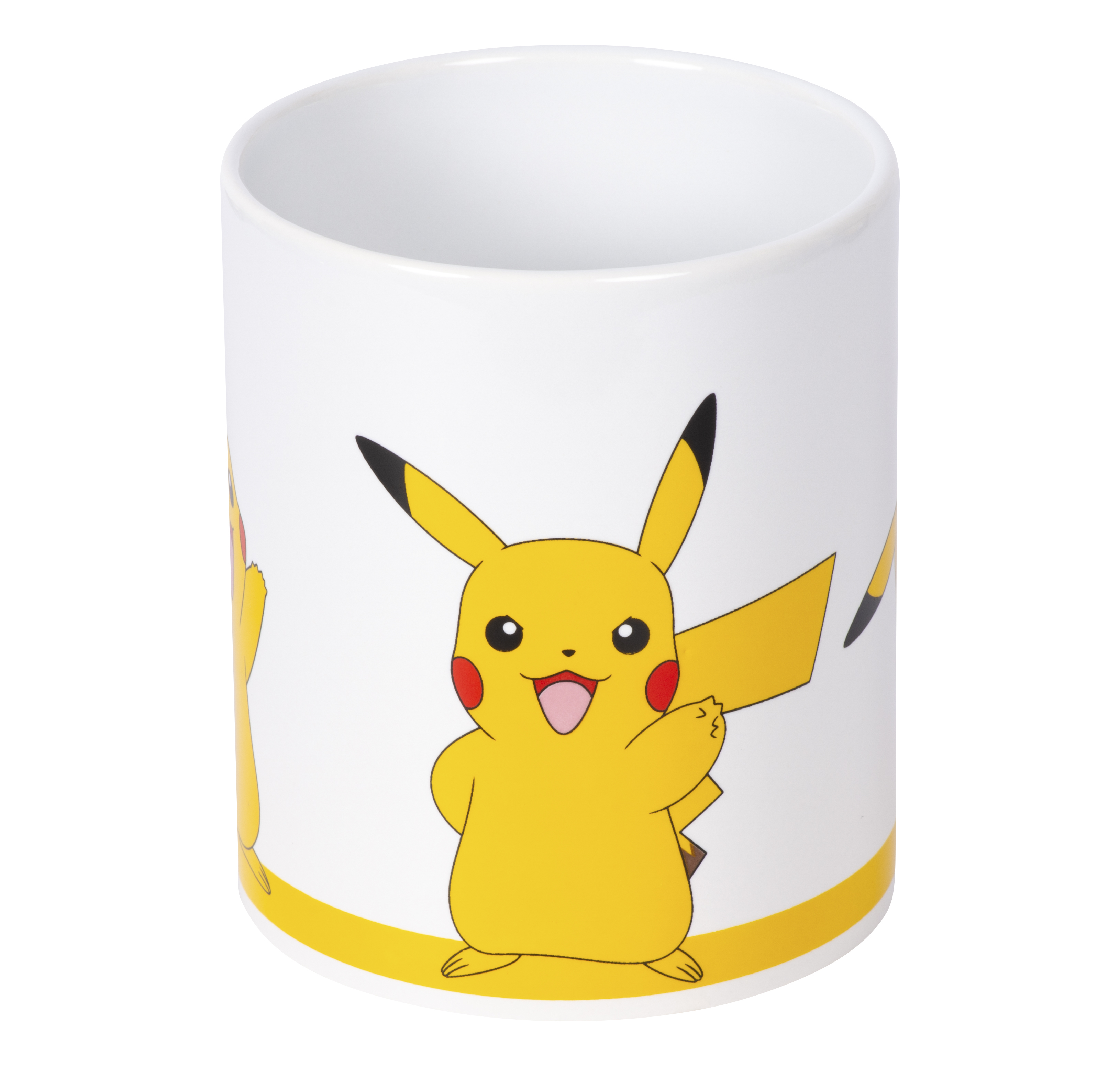 Una taza blanca con Pikachu. El personaje amarillo está sonriendo. La taza tiene una franja amarilla en la base.