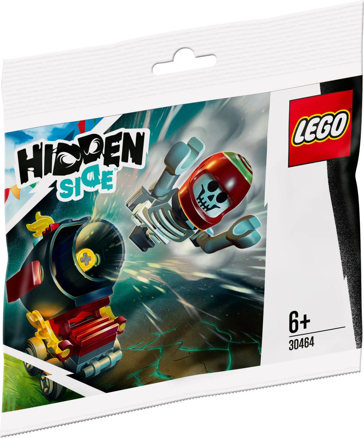 Bir LEGO Hidden Side çantası. Kırmızı kasklı bir iskelet karakteri, bir top ve LEGO logosunu gösterir.