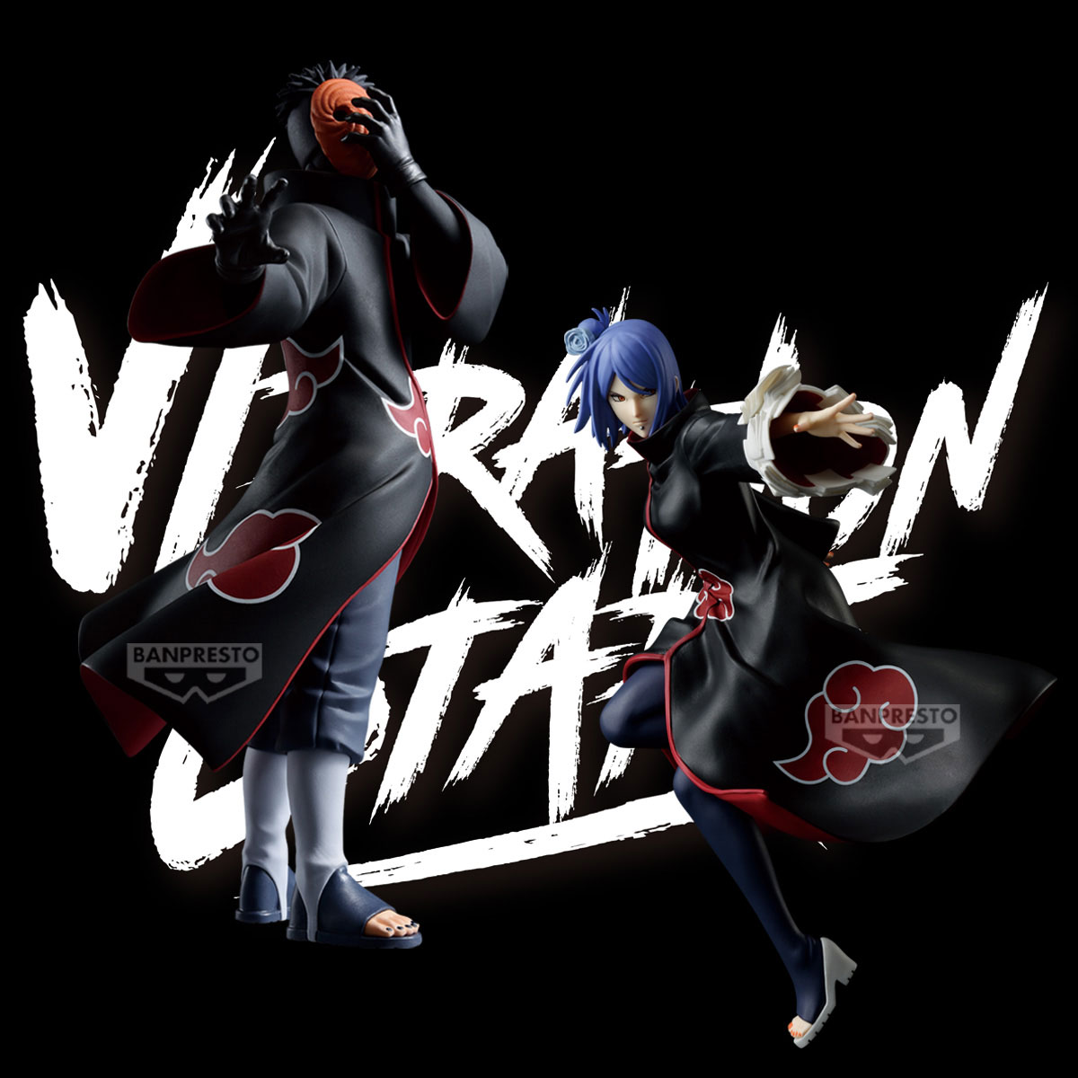 Zwei Anime-Figuren in schwarzen Roben mit roten Wolken. Einer trägt eine Maske, der andere hat blaue Haare. Weißer Text 'VIBRATION STARS'.