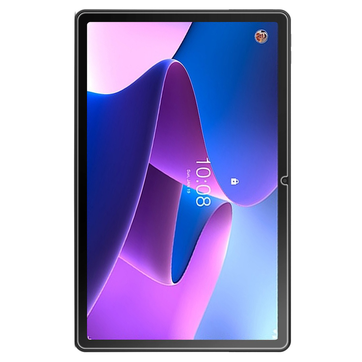 A tablet displays a colorful abstract image with blue and purple flowing shapes. The time 10:08 is shown. A black frame surrounds the screen.