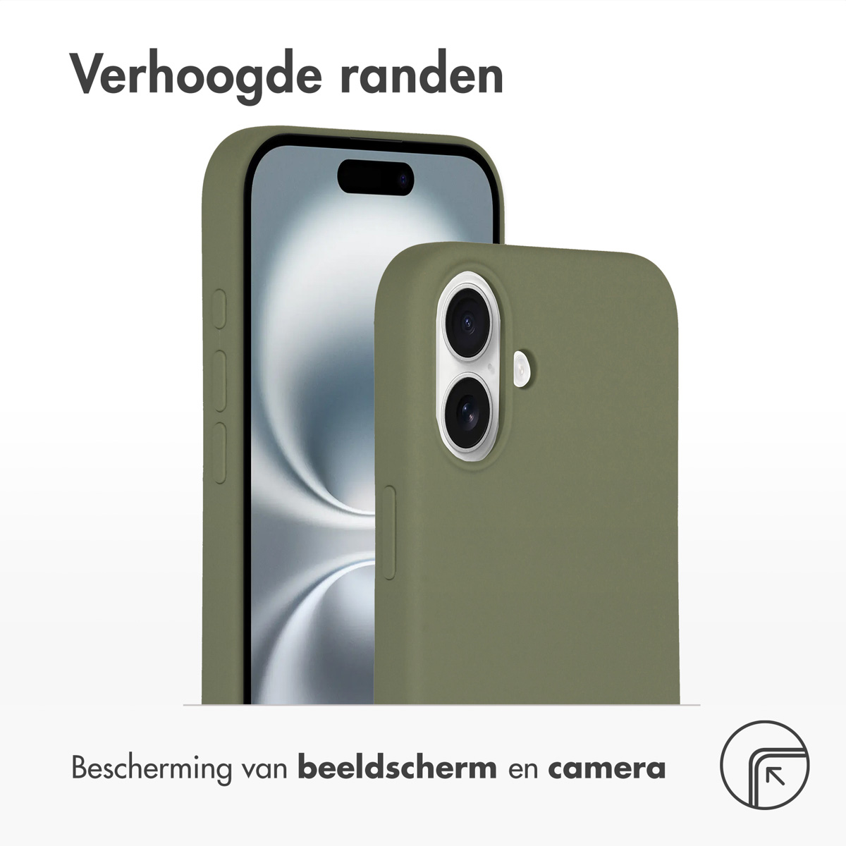 Due custodie per telefono verde oliva, una con schermo visibile. Testo: 'Bordi rialzati' e 'Protezione schermo e fotocamera'.