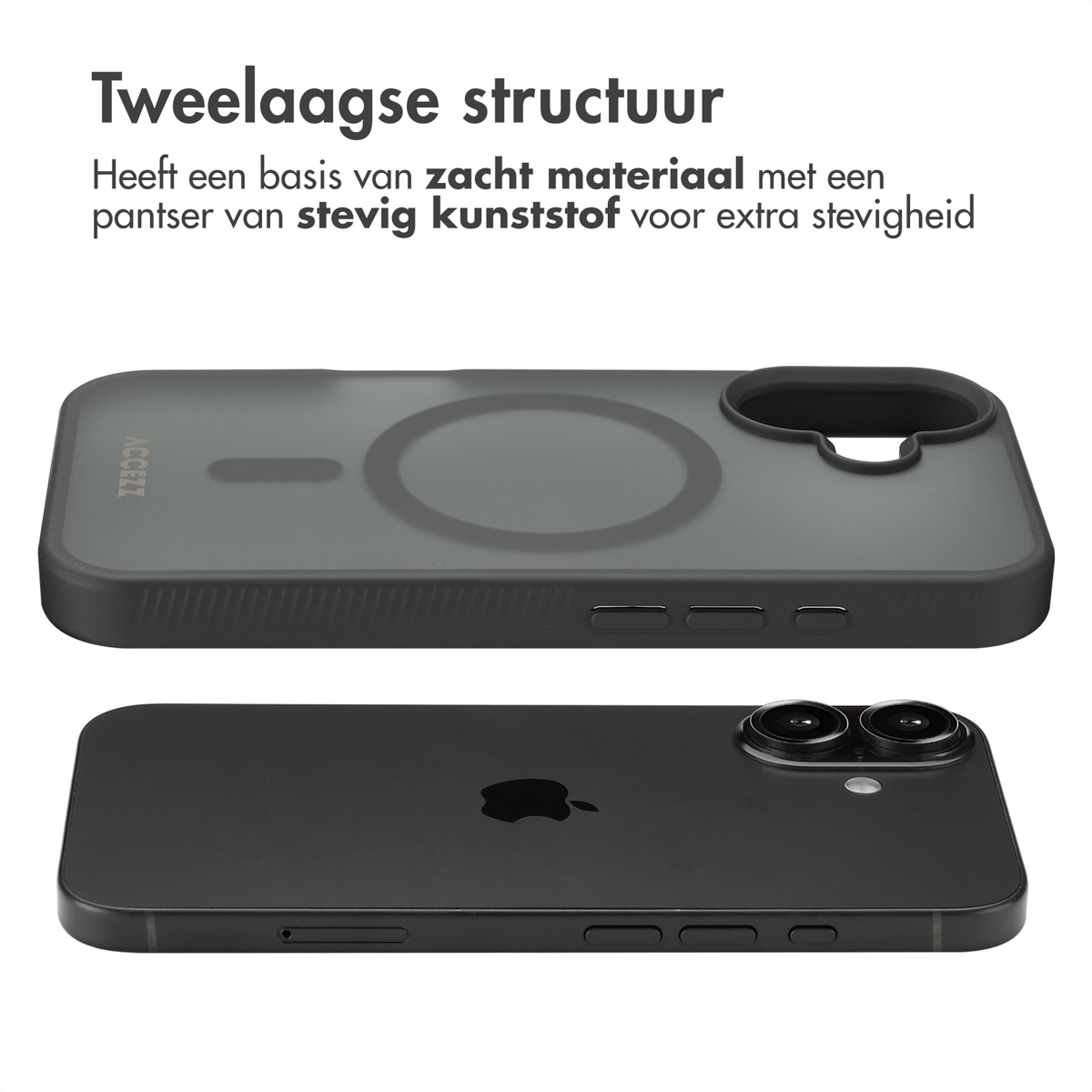 L'image montre un étui de téléphone et un téléphone. L'étui est noir, avec le nom de la marque dessus. Le téléphone est également noir.