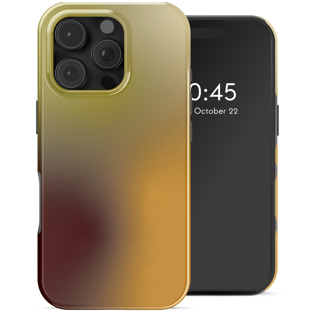 Een smartphone in een hoesje met verloop. De hoes heeft een geel-bruine verloop. Het scherm toont de tijd en datum.
