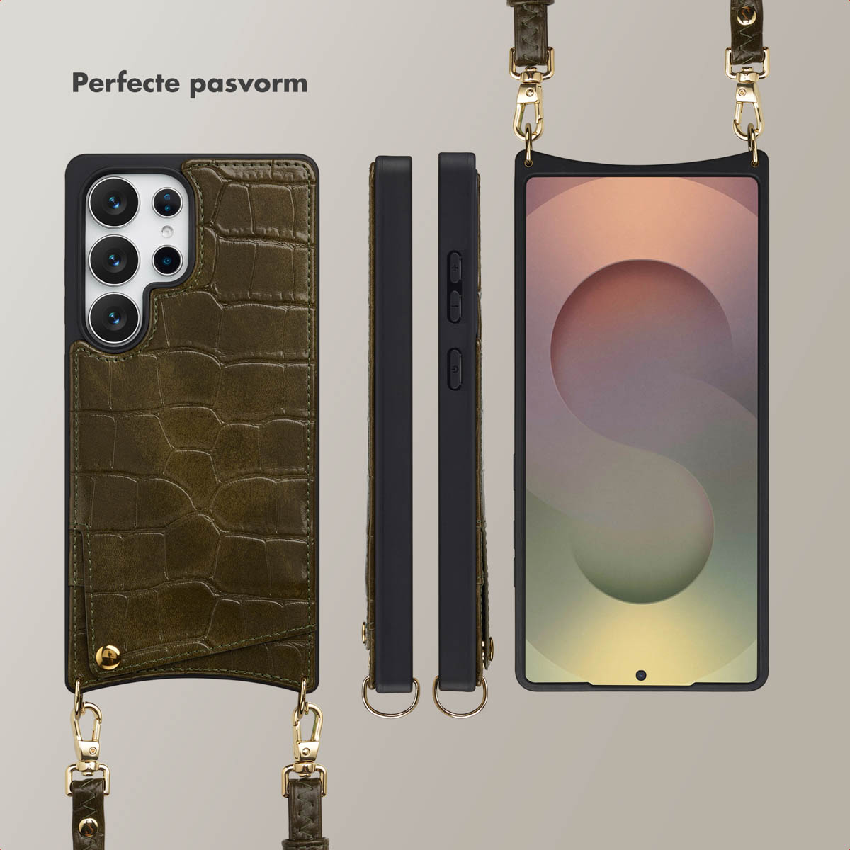 Coque de téléphone vert olive avec texture crocodile, coque de téléphone noire et un téléphone avec sangle, le tout avec des détails dorés.