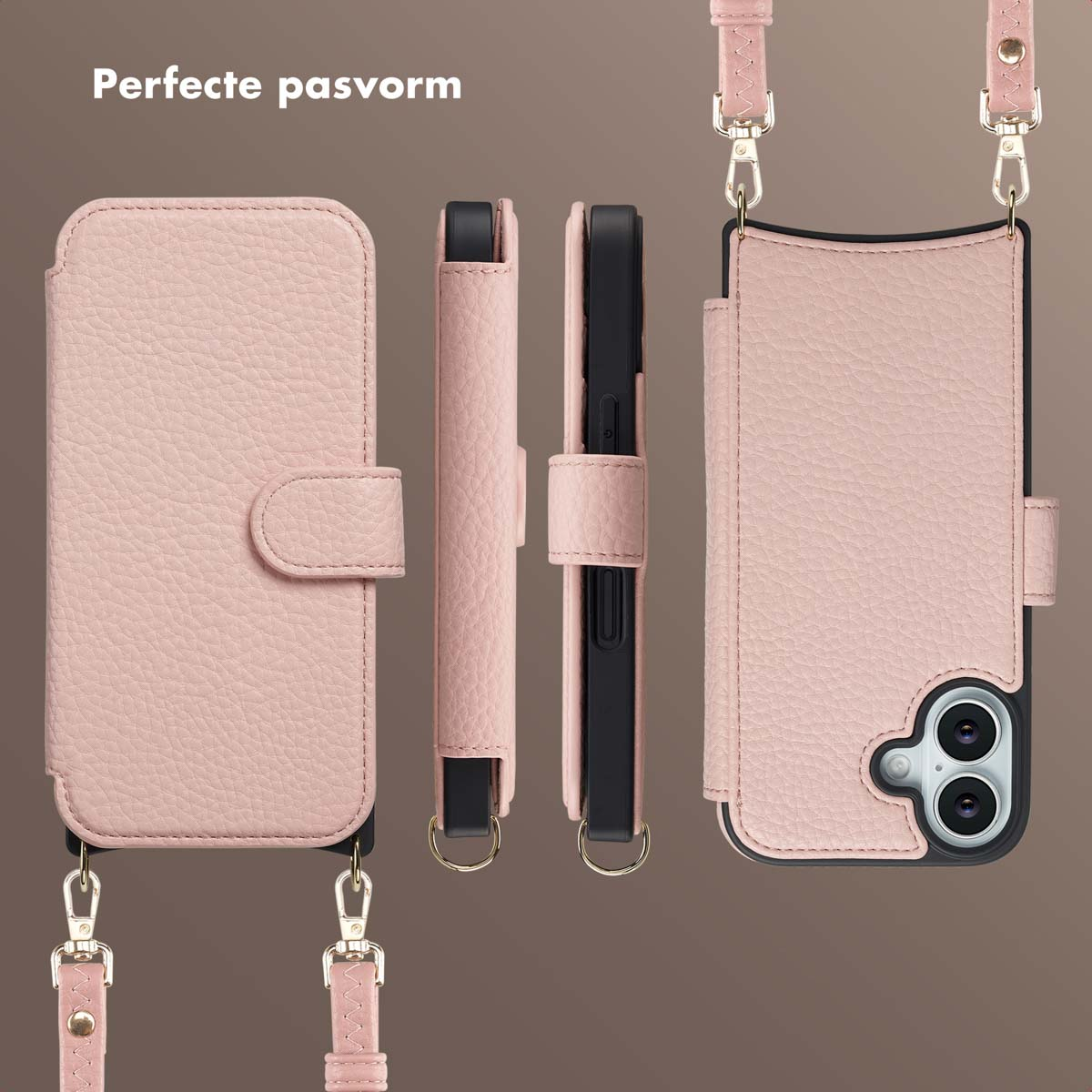 Étui de téléphone rose avec sangle en plusieurs vues : fermé, ouvert et téléphone inséré. Le fond est marron.