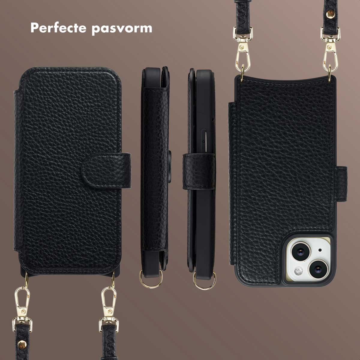Zwarte leren telefoonhoesjes met bandjes, weergegeven in meerdere hoeken. De hoesjes staan op een bruine achtergrond, met 'Perfect fit' bovenaan.
