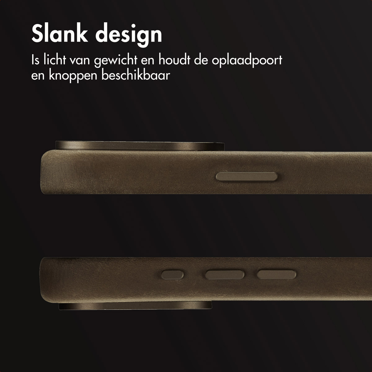 Close-up van een bruine telefoonhoes met knoppen. Het ontwerp is slank en houdt de oplaadpoort en knoppen toegankelijk.