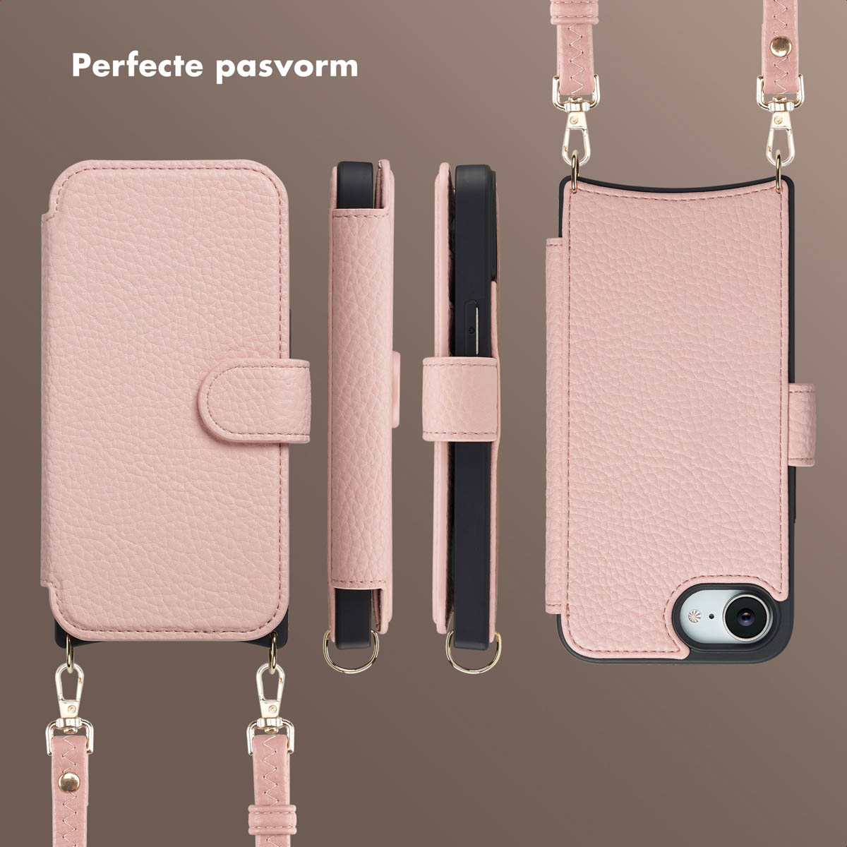 Eine rosa Leder-Handyhülle mit Riemen. Die Hülle wird in mehreren Ansichten gezeigt. Oben steht der Text 'Perfekte Passform'.