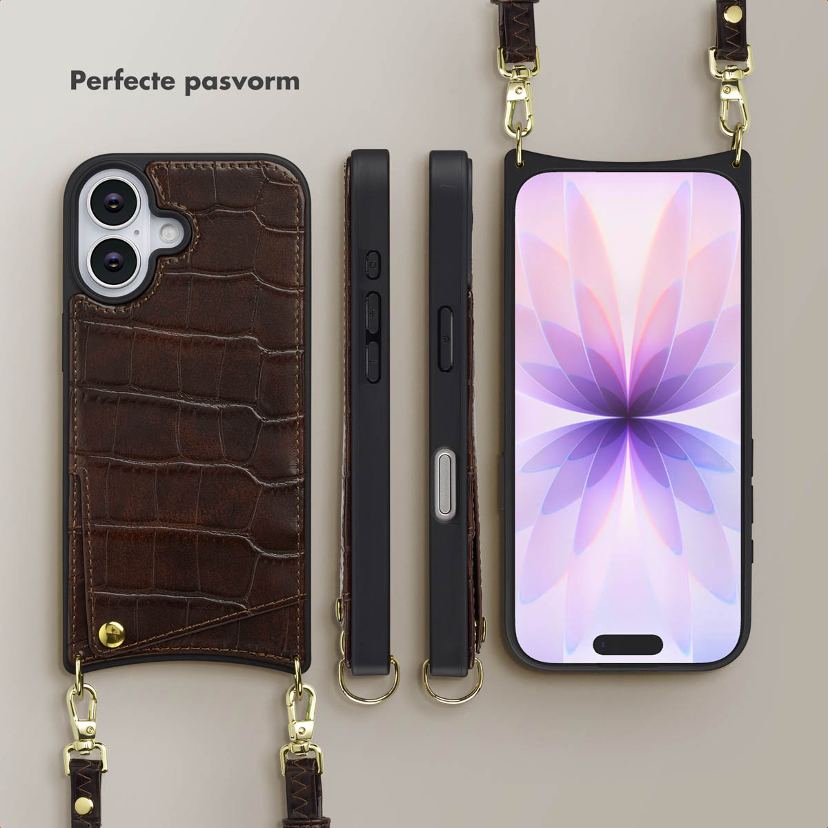 Een telefoonhoesje met een bruine krokodillenstructuur en een zwarte hoes. Er zijn drie hoesjes, twee zwart en één bruin, met een riem.