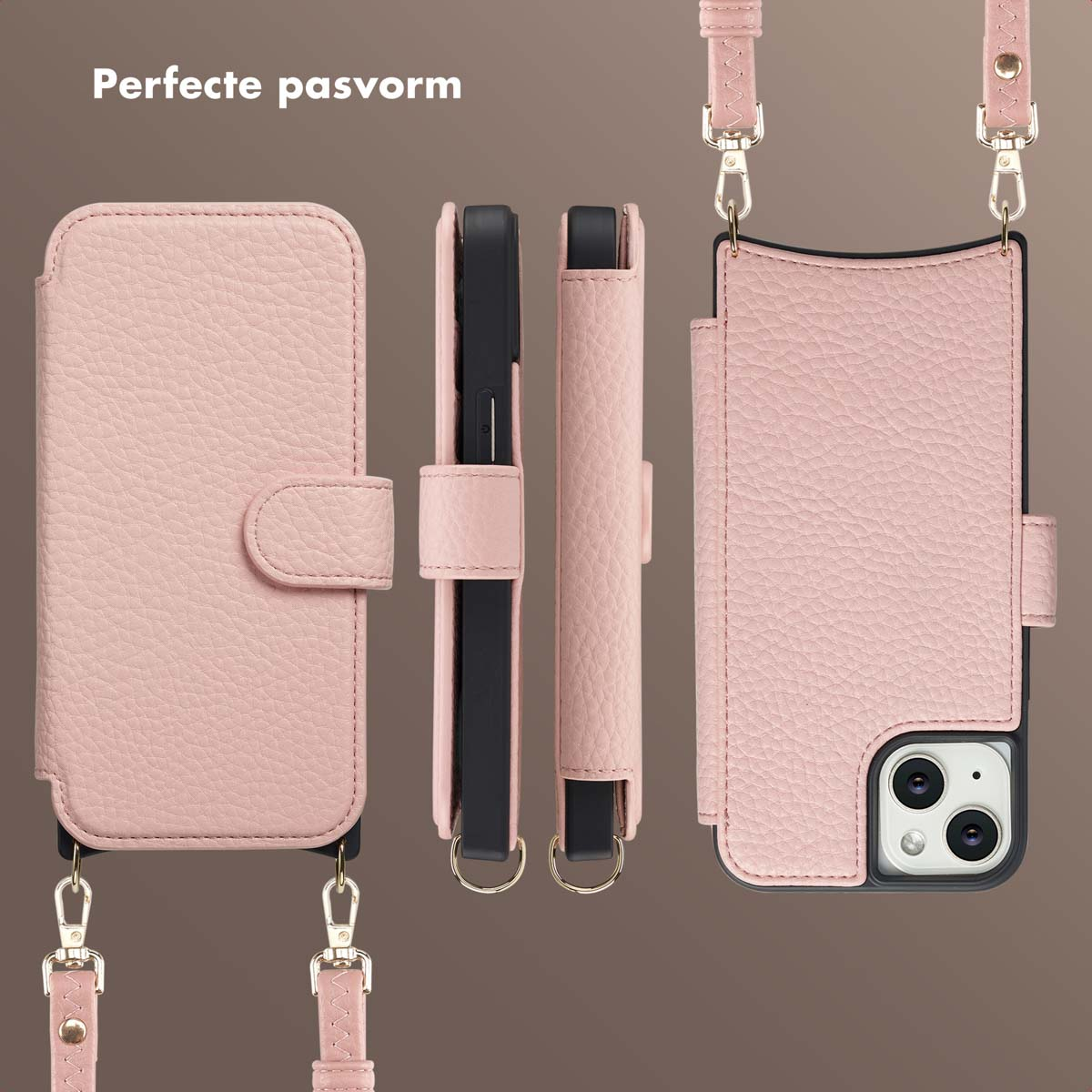 Una custodia per telefono in pelle rosa con cinturino. È mostrata in tre posizioni diverse. La custodia ha una chiusura a bottone.