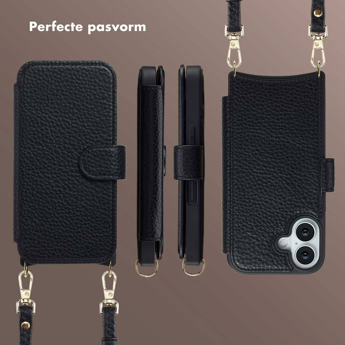 Étuis de téléphone en cuir noir avec une sangle. Un est ouvert, un est fermé et deux sont montrés de côté. Le fond est marron.