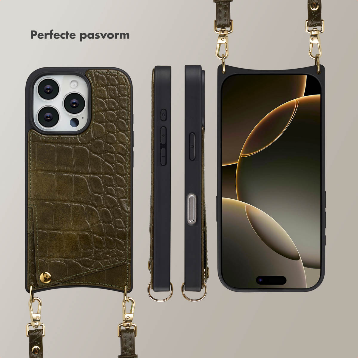 Coque de téléphone vert olive avec sangle et accents dorés. L'écran du téléphone affiche un design abstrait doré. Trois coques sont affichées.