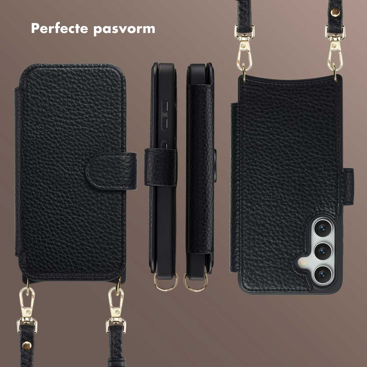 Drie zwarte leren telefoonhoesjes met gouden accenten. Eén open, één gesloten en één zijaanzicht. Tekst 'Perfecte pasvorm' zichtbaar.