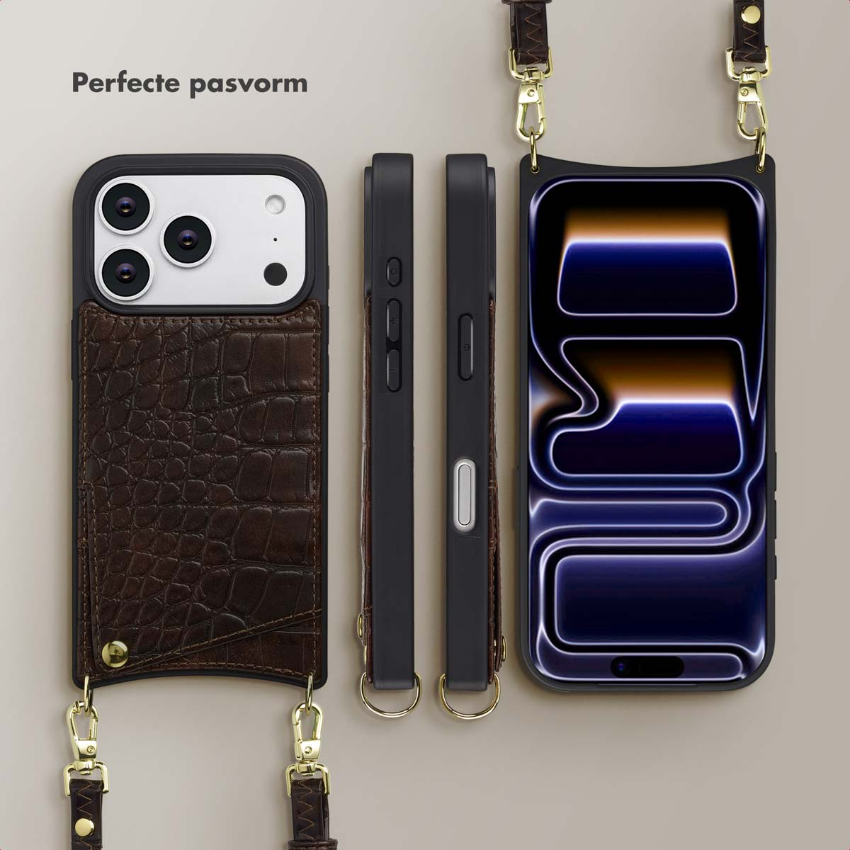 Étuis de téléphone noirs, avec cuir marron et quincaillerie dorée. L'un contient un téléphone, les autres sont vides. Tous ont des lanières.