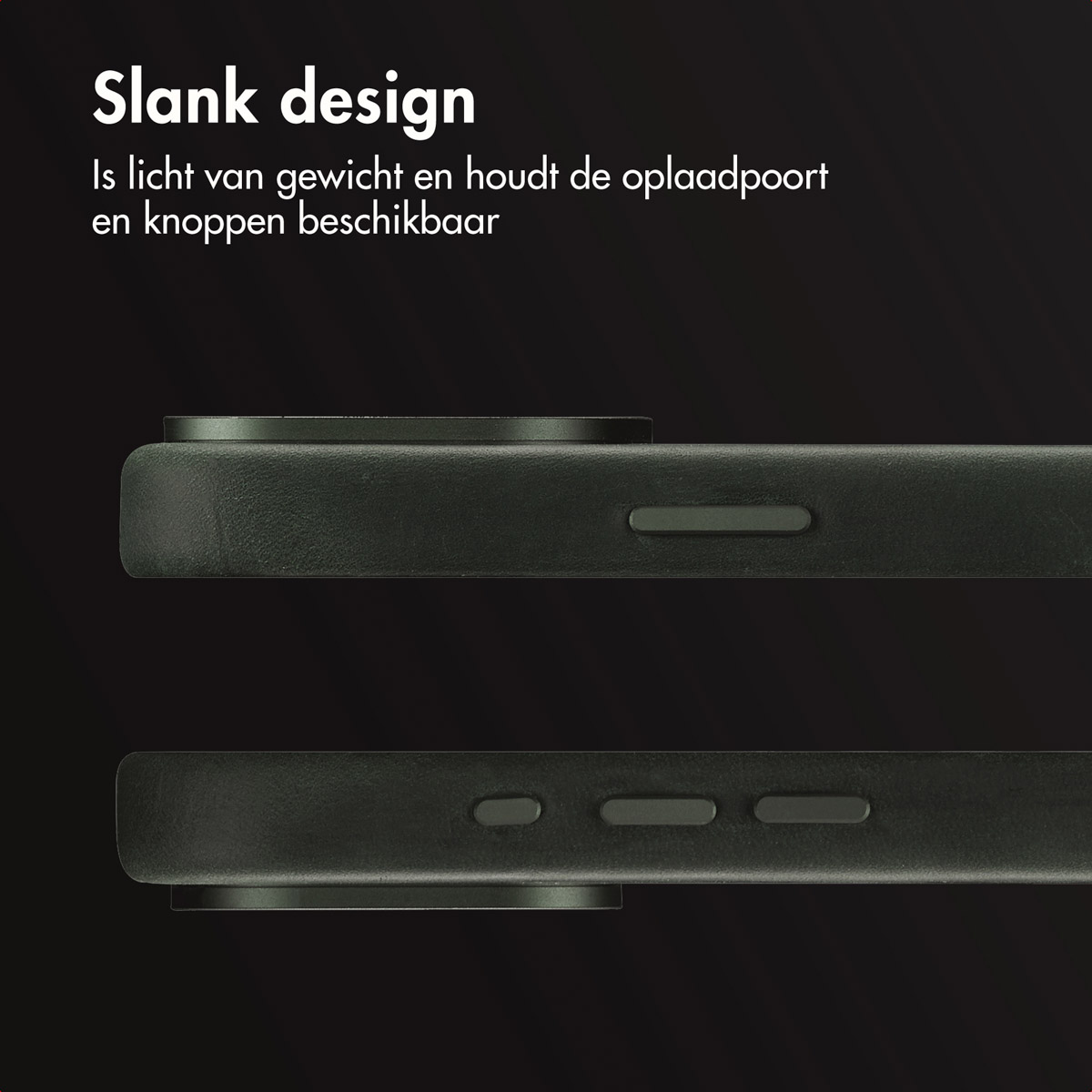Close-up van een donkergroene telefoonhoes. Twee secties met uitsparingen voor knoppen zijn zichtbaar. De achtergrond is donker.