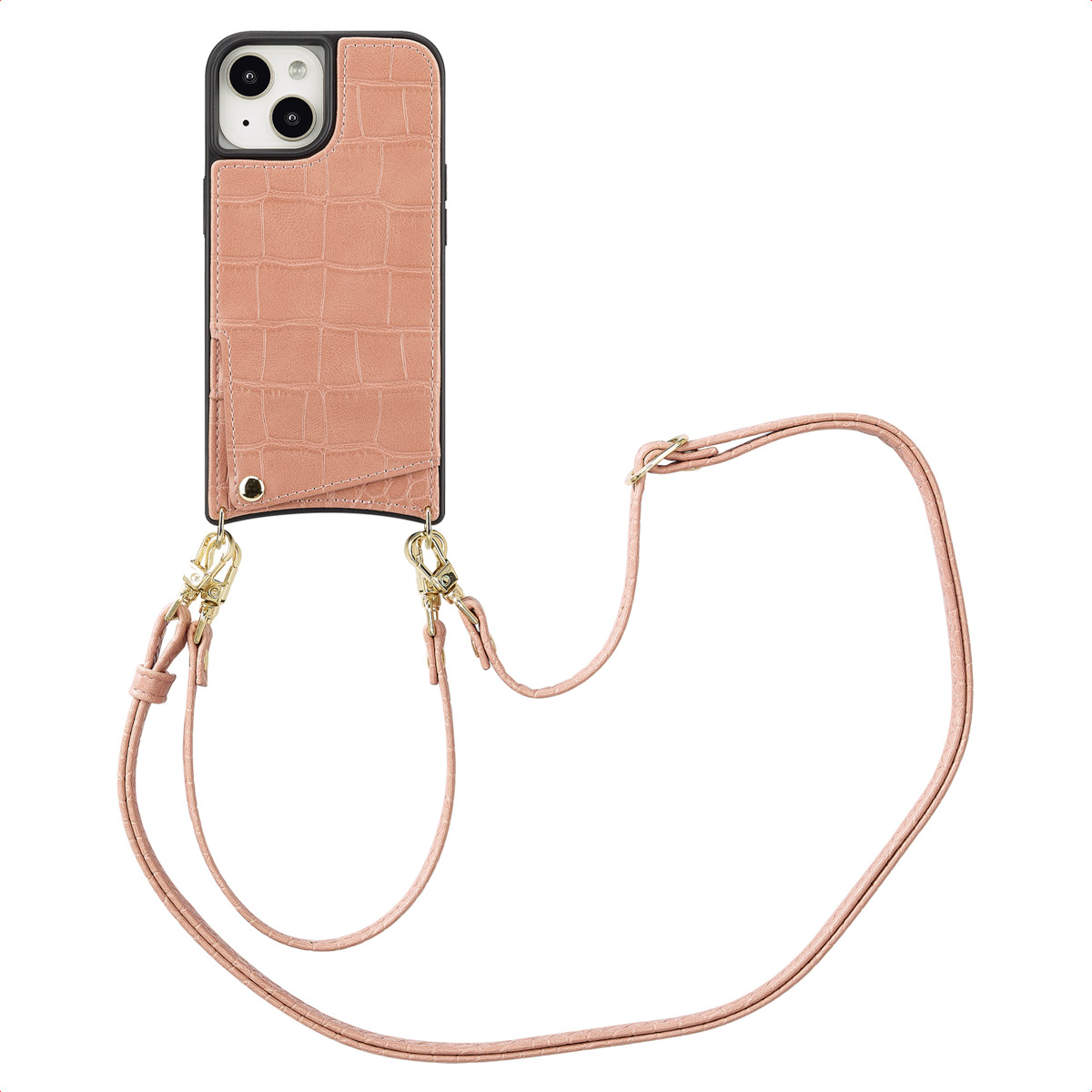 A pink phone case with a crocodile texture, attached to a pink strap with gold clasps. The phone case has a card holder.
