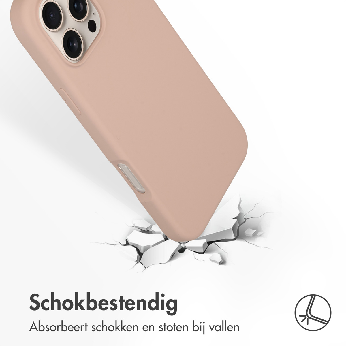 Een roze telefoonhoesje lijkt te vallen en de grond eronder te kraken. De case heeft cameralenzen.