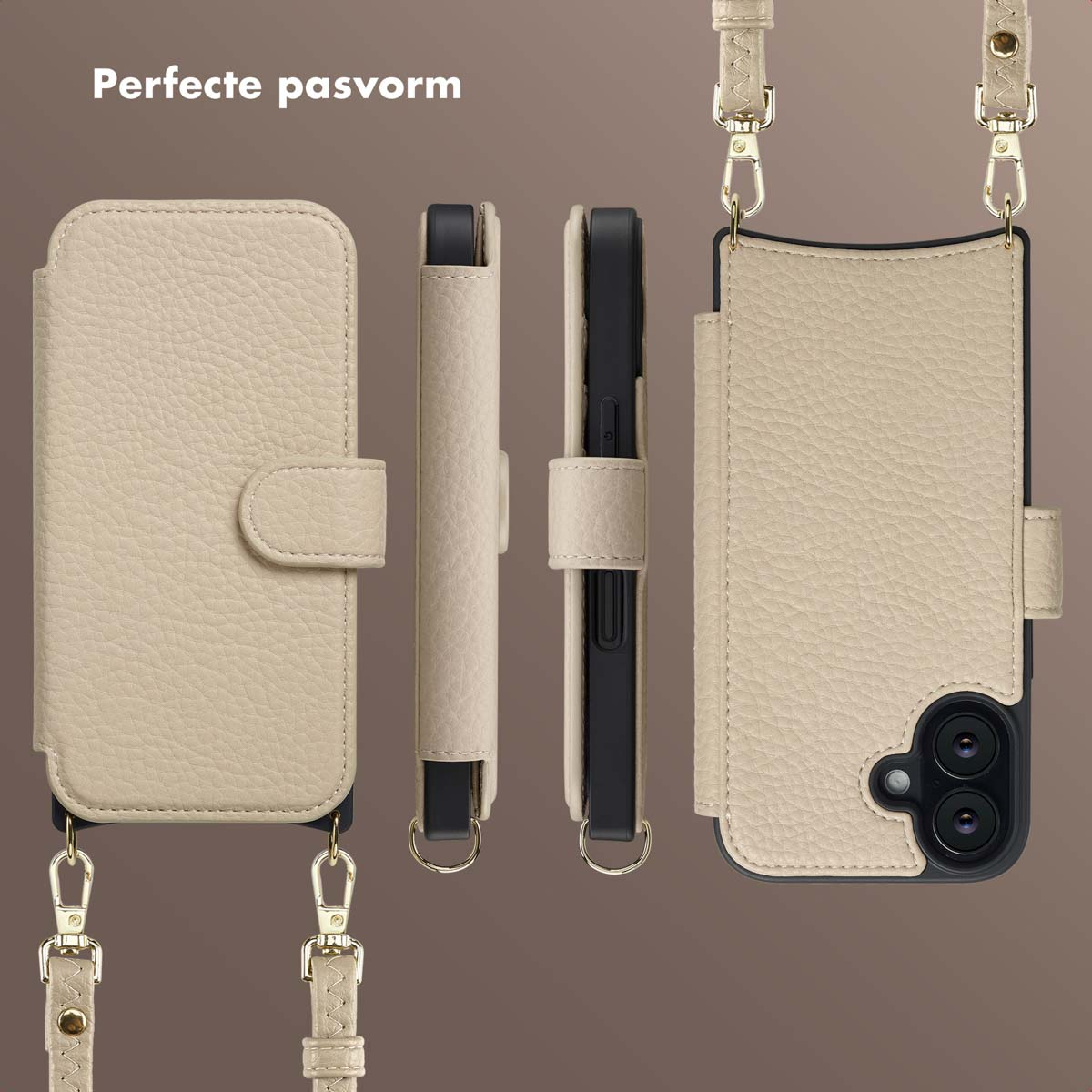Beige leren telefoonhoesje met riem en sluiting. Het is in meerdere weergaven, open en dicht, met het woord 'Perfecte pasvorm' erboven.