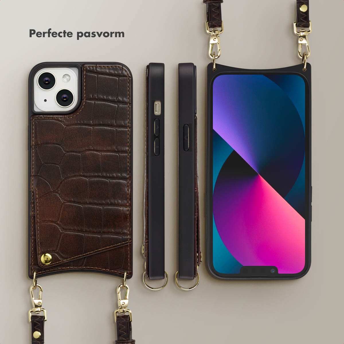 Telefoonhoesjes en telefoon met bandje. Bruin leer en zwarte hoesjes op lichte achtergrond. Telefoonscherm toont abstracte kunst.