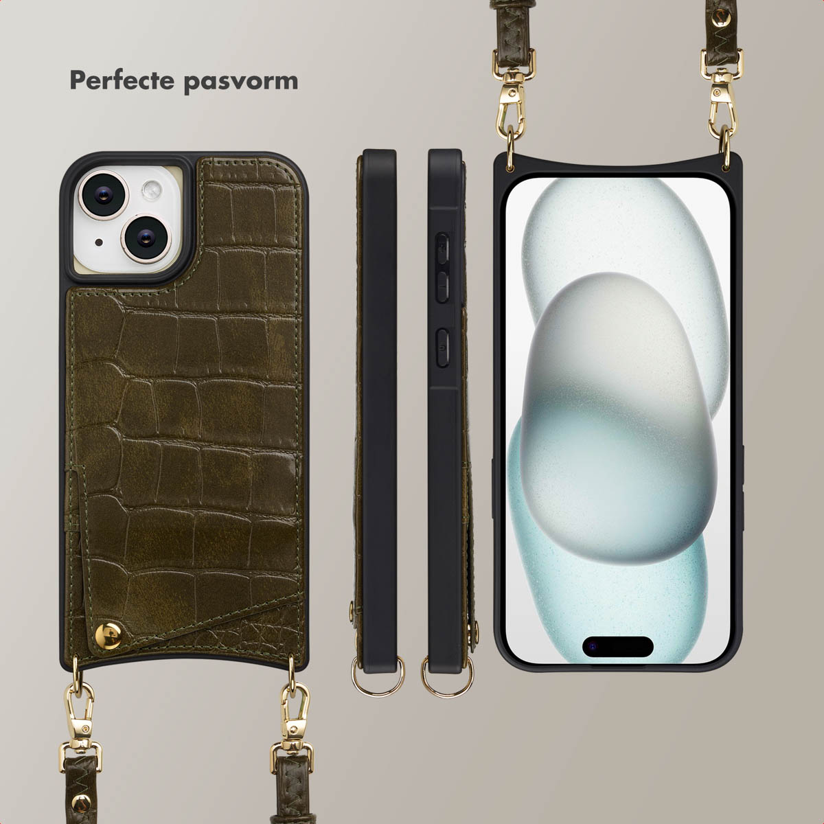 A phone case with strap is displayed. It is olive green with a crocodile texture. The phone screen shows a blurred blue background.