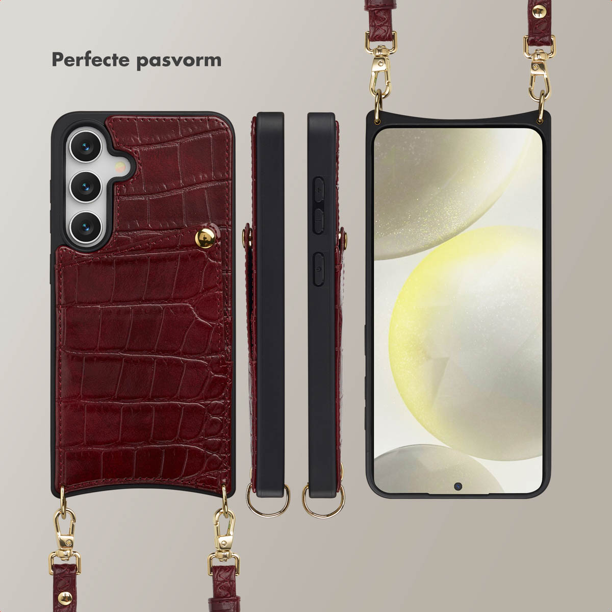 Telefoonhoesje met riem, in verschillende weergaven. De hoes is bordeauxrood met krokodillenpatroon. Gouden details, zwart scherm.