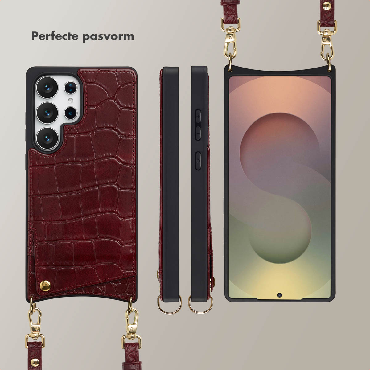Un téléphone dans un étui en cuir bordeaux avec une lanière. Le téléphone est présenté sous différents angles avec des détails dorés. Le fond est clair.