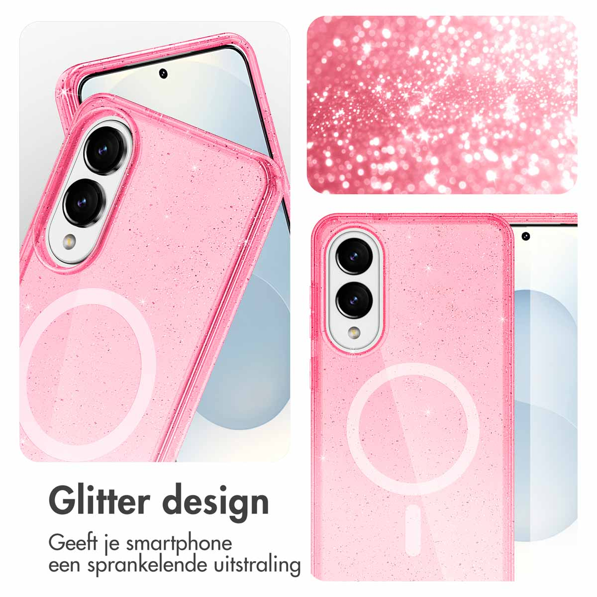 Coque de téléphone rose pailletée avec un design clair. Caméra du téléphone visible. Incrustation avec effet pailleté. Texte "Glitter design".