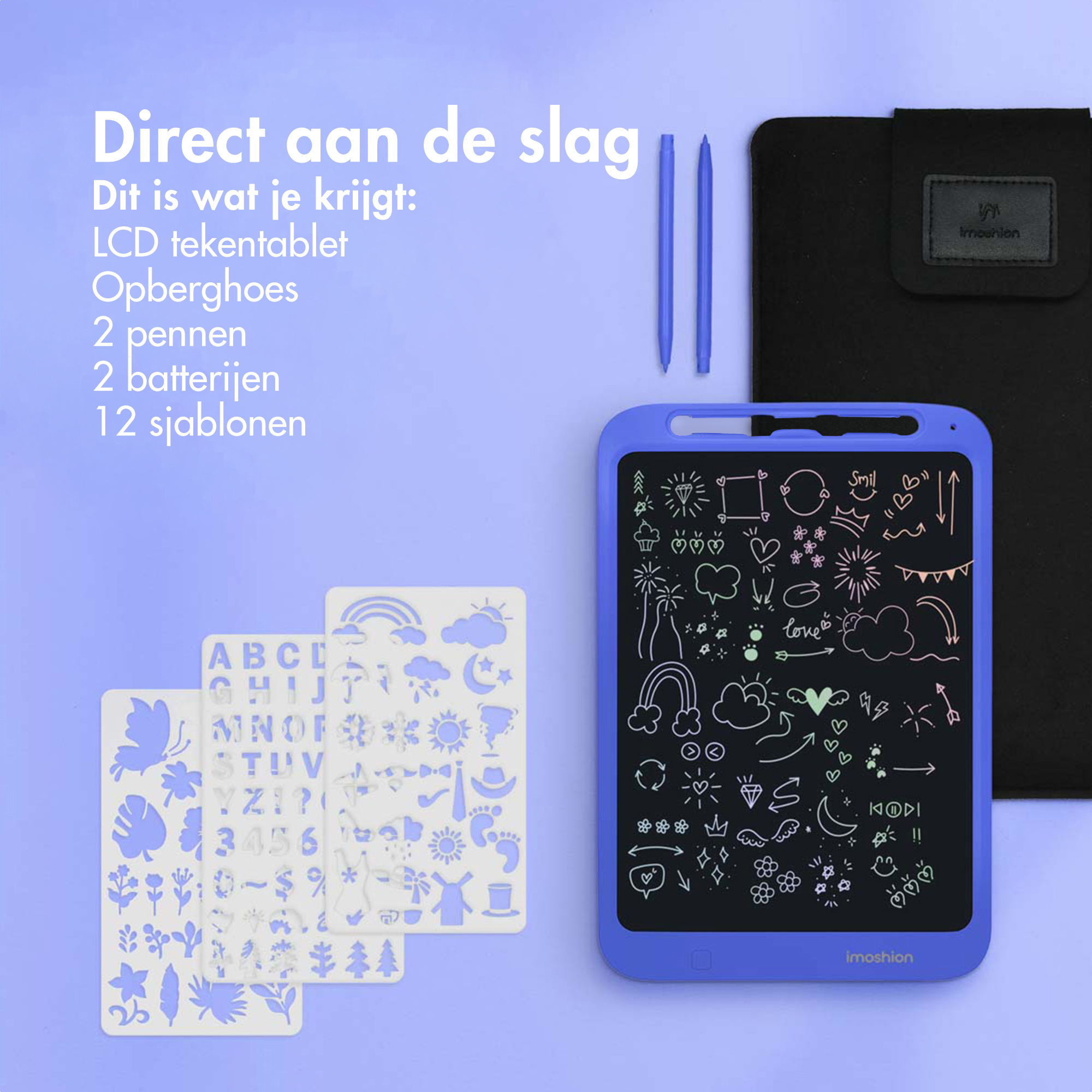 Blue drawing tablet with pens, stencils, a black case, and text in Dutch: 'Direct aan de slag'.