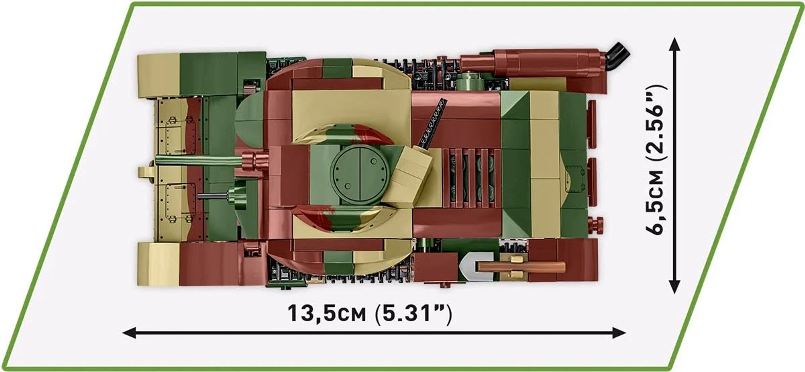 Draufsicht auf einen Spielzeugpanzer aus Blöcken. Er ist braun, grün und beige, mit Maßangaben.