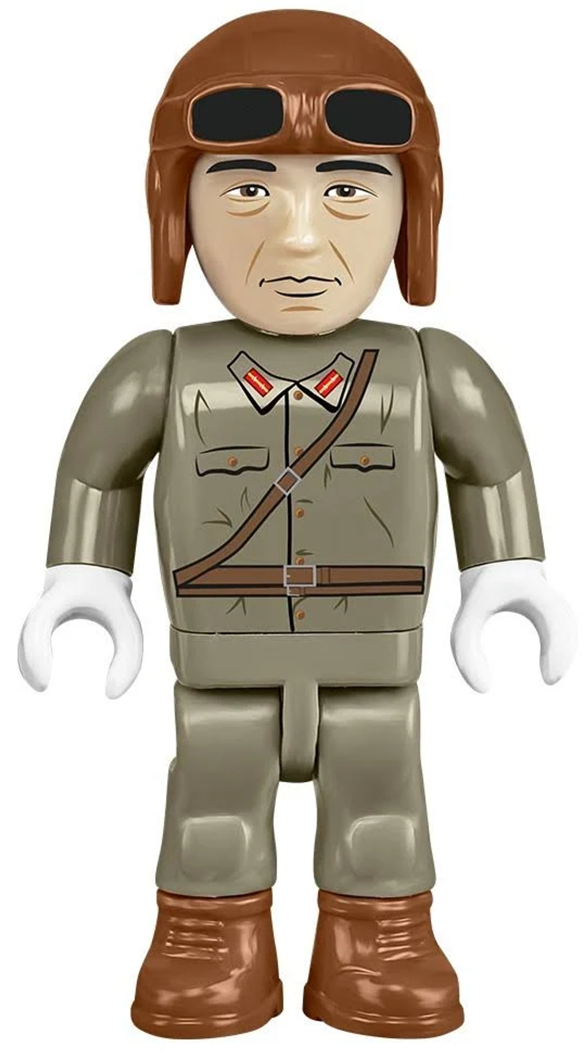 Ein Spielzeugsoldat mit braunem Helm und Brille, trägt eine khakifarbene Uniform mit braunem Riemen, Gürtel und Stiefeln.