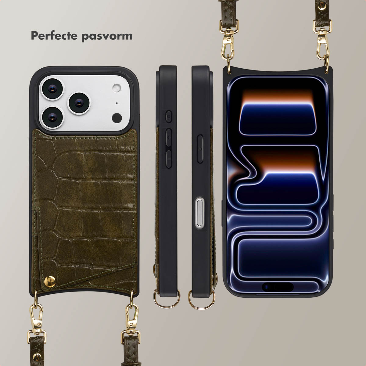 Étuis de téléphone en noir et vert avec des sangles. Celui de gauche a un motif crocodile vert. L'écran du téléphone est visible.