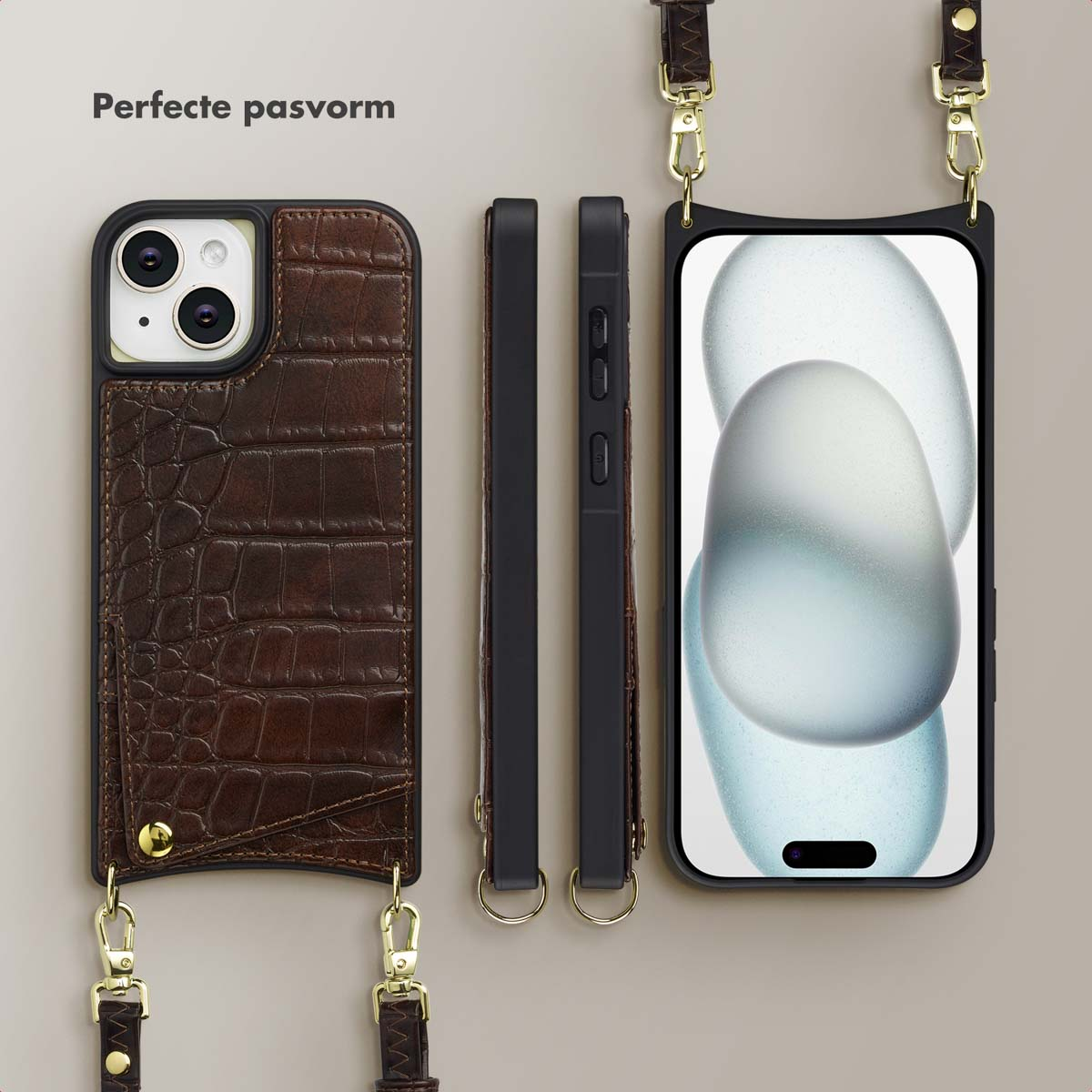 Image shows phone cases, including a brown leather case with a strap, a black case, and a phone with a screen.