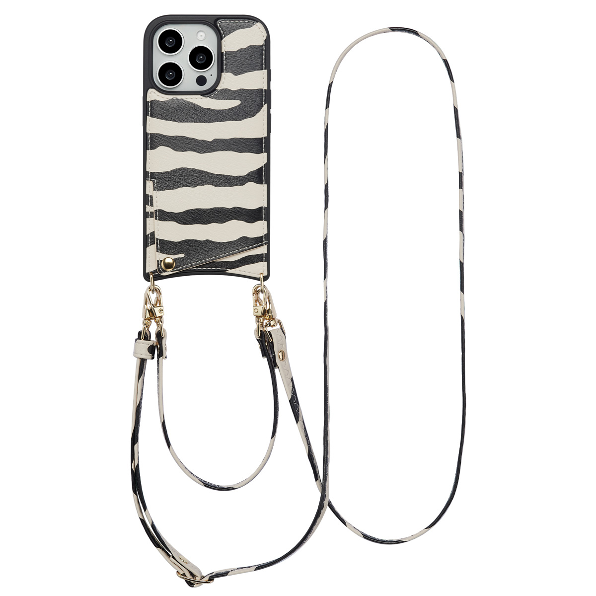 Een telefoonhoesje met een zebra-streepjesmotief, zwart en wit. Het heeft een riem. De hoes zit op een witte achtergrond.