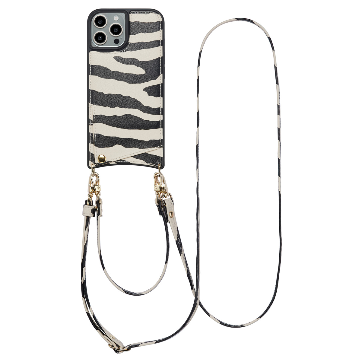 Telefoonhoesje met zebrapatroon en een riem. Het heeft een kaarthouder en goudkleurige hardware. De riem is ook zebra gestreept.