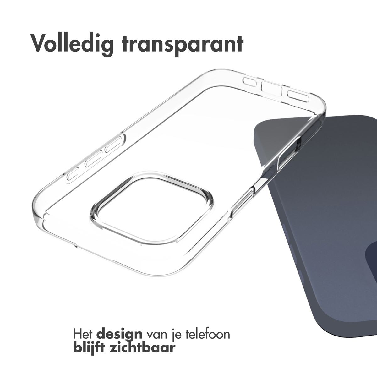 Viene mostrata una custodia trasparente per telefono, che copre parzialmente un telefono scuro. Il testo dice 'Completamente trasparente'. Il design rimane visibile.