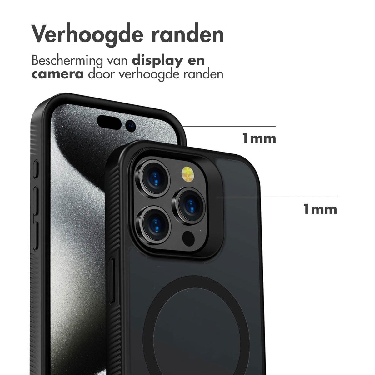 Gros plan d'une coque de téléphone noire avec bords surélevés. La coque protège l'écran et la caméra. Texte indique 1 mm de hauteur.