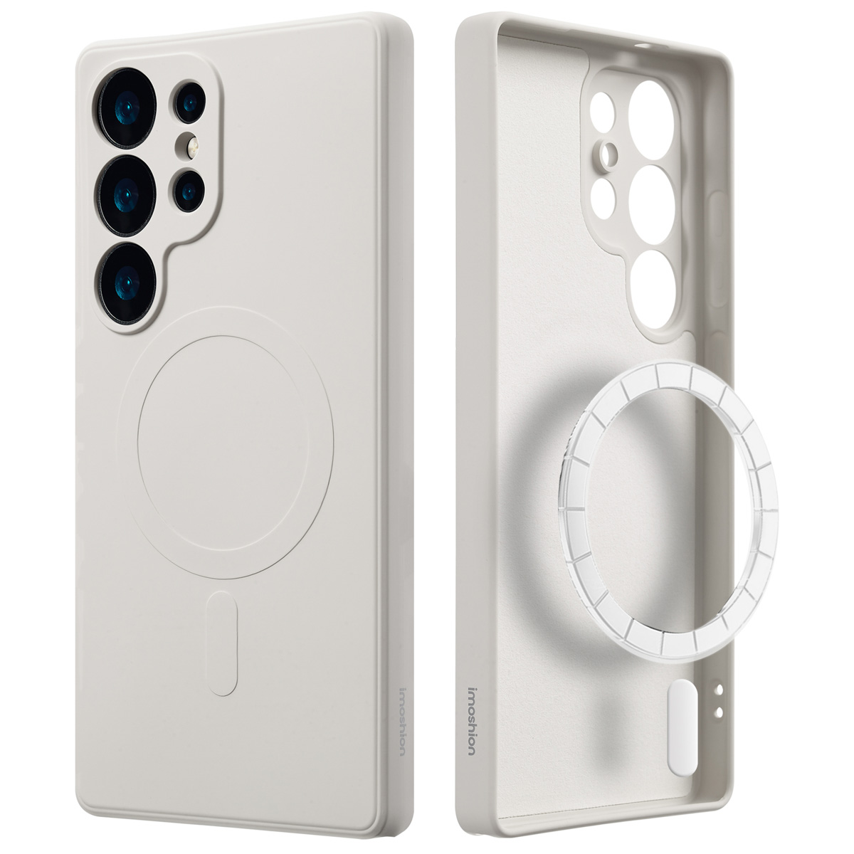 Twee lichtgrijze telefoonhoesjes. Eén toont de buitenkant met camera's, de andere de binnenkant. Een magnetische ring wordt weergegeven.