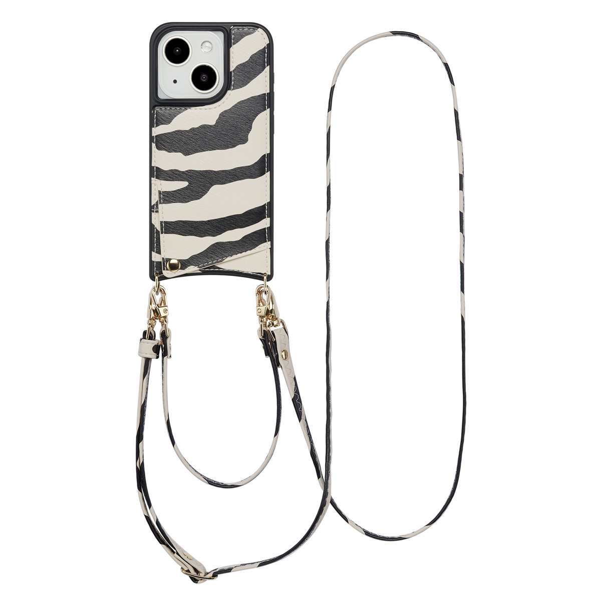 Een telefoonhoesje met een zebraprint, bevestigd aan een riem. De hoes is zwart en wit, en de riem is wit met zwarte strepen.