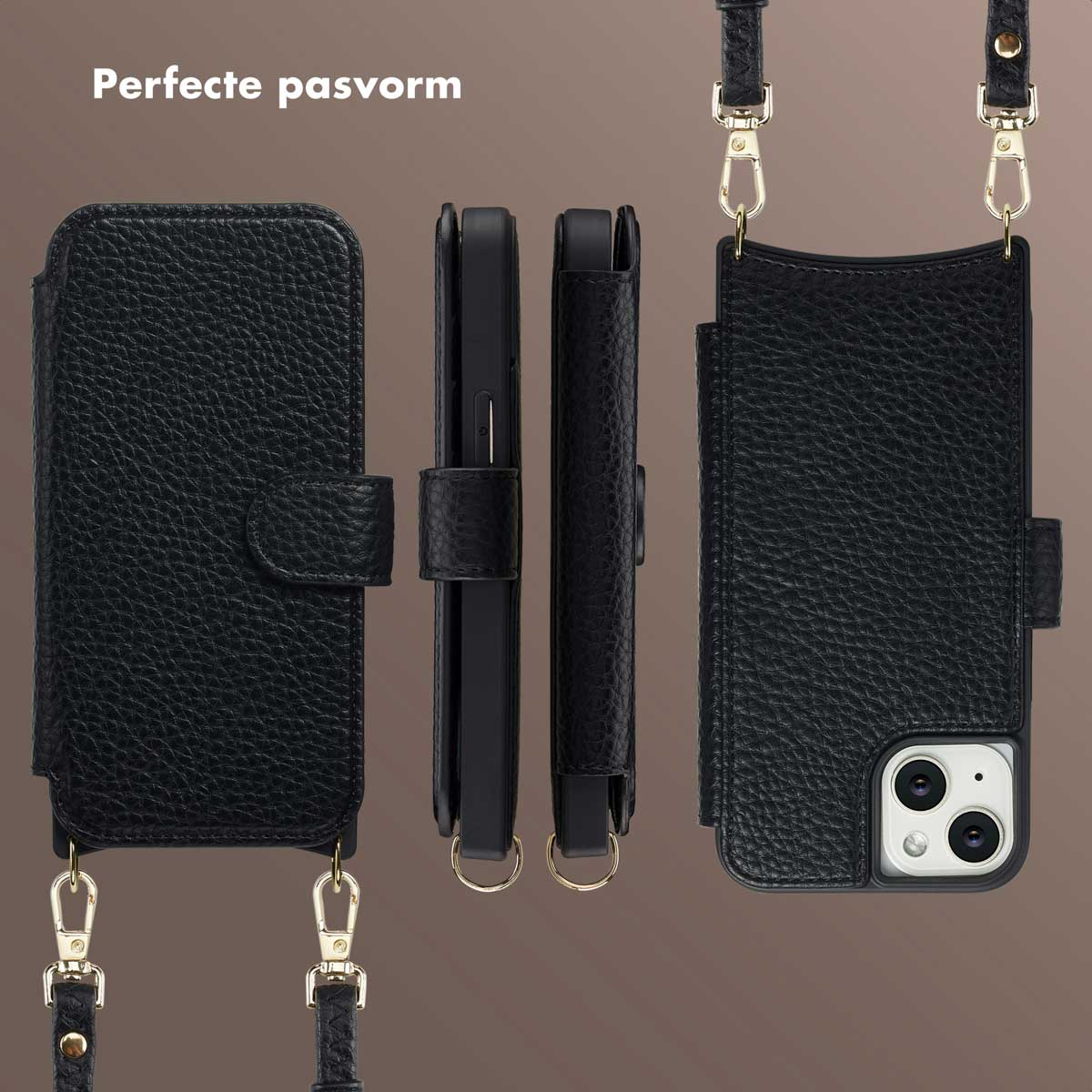 Custodia per telefono in pelle nera con cinturino, mostrata in più viste. Include una custodia a portafoglio, una vista laterale e una custodia con telefono.