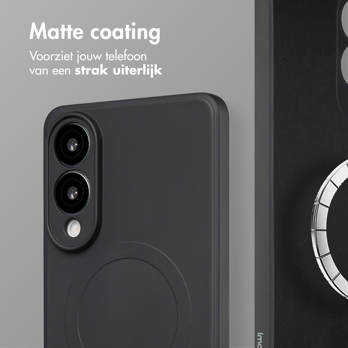 Close-up van een zwarte telefoonhoes met cameralenzen. Tekst: 'Matte coating'. Achtergrond: een andere hoes met zilveren ring.